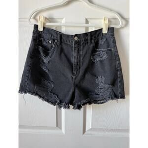 American Eagle Distressed High Rise Mom Shorts Black Denim Size 10 Micro Mini